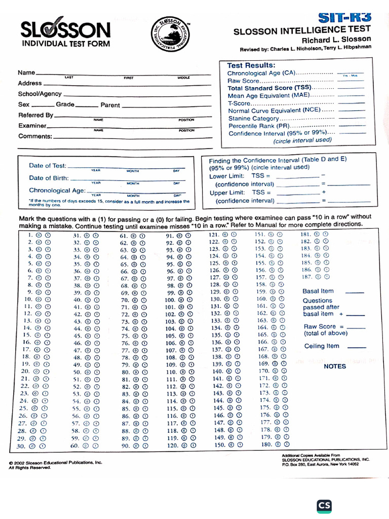 SIT (Slosson Intelligence Test) - 40 | PDF