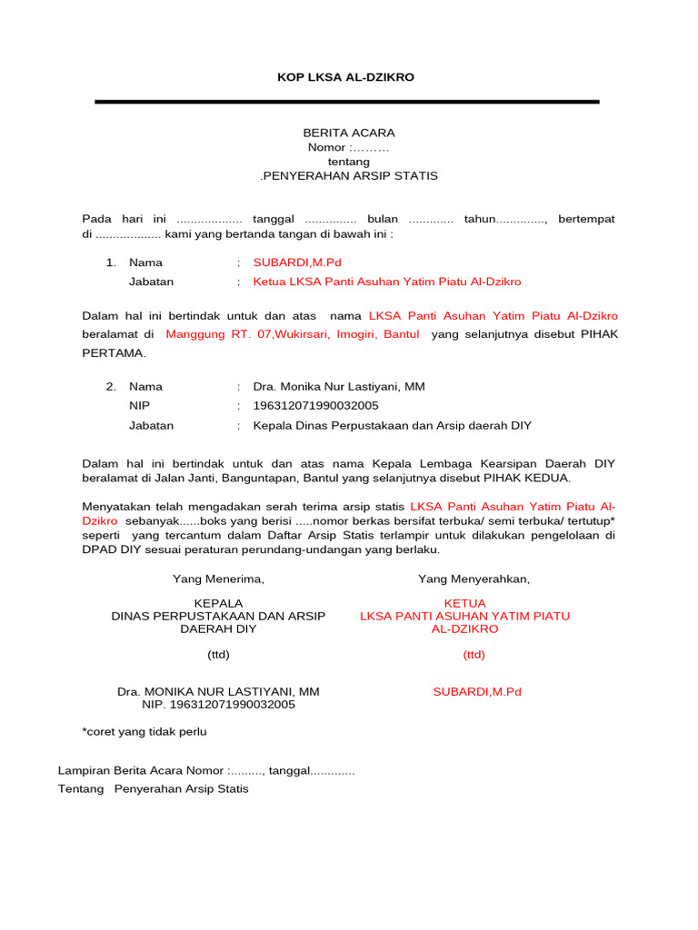 Berita Acara Penyerahan Arsip Statis | PDF