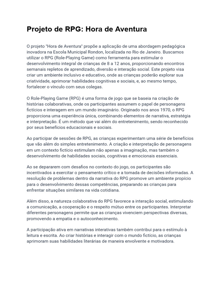 RPG Educacional para Crianças na Escola | PDF | Jogos de RPG | Pedagogia