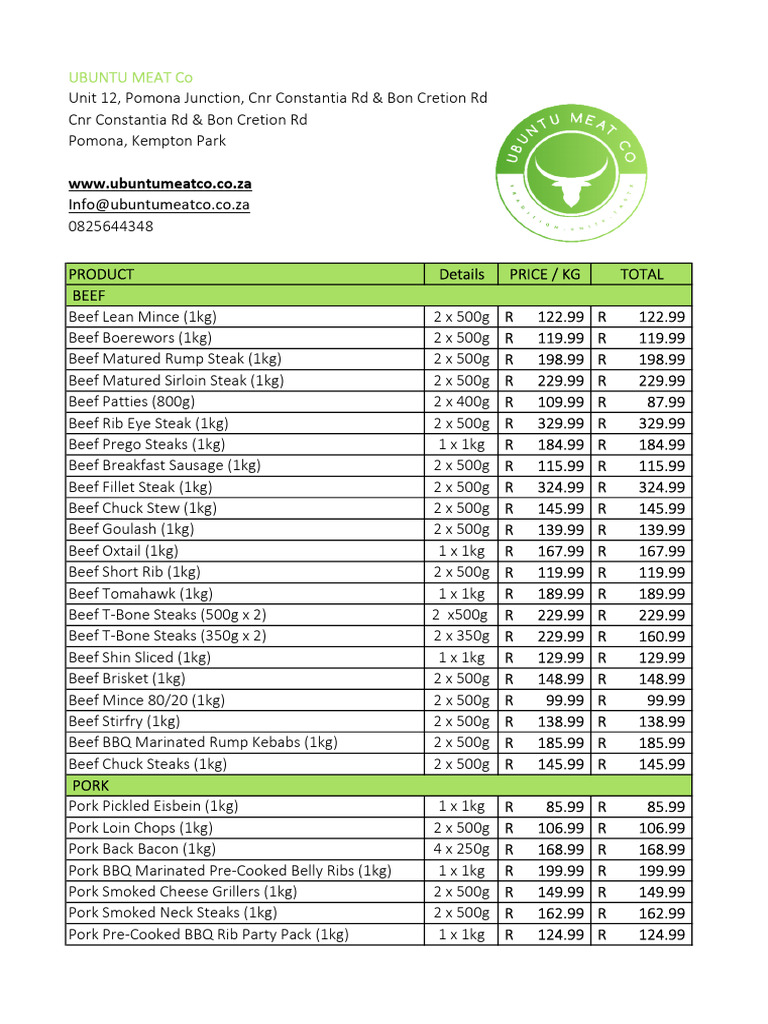 Ubuntu Meat Co Price List 2025 | PDF | Pork | Steak