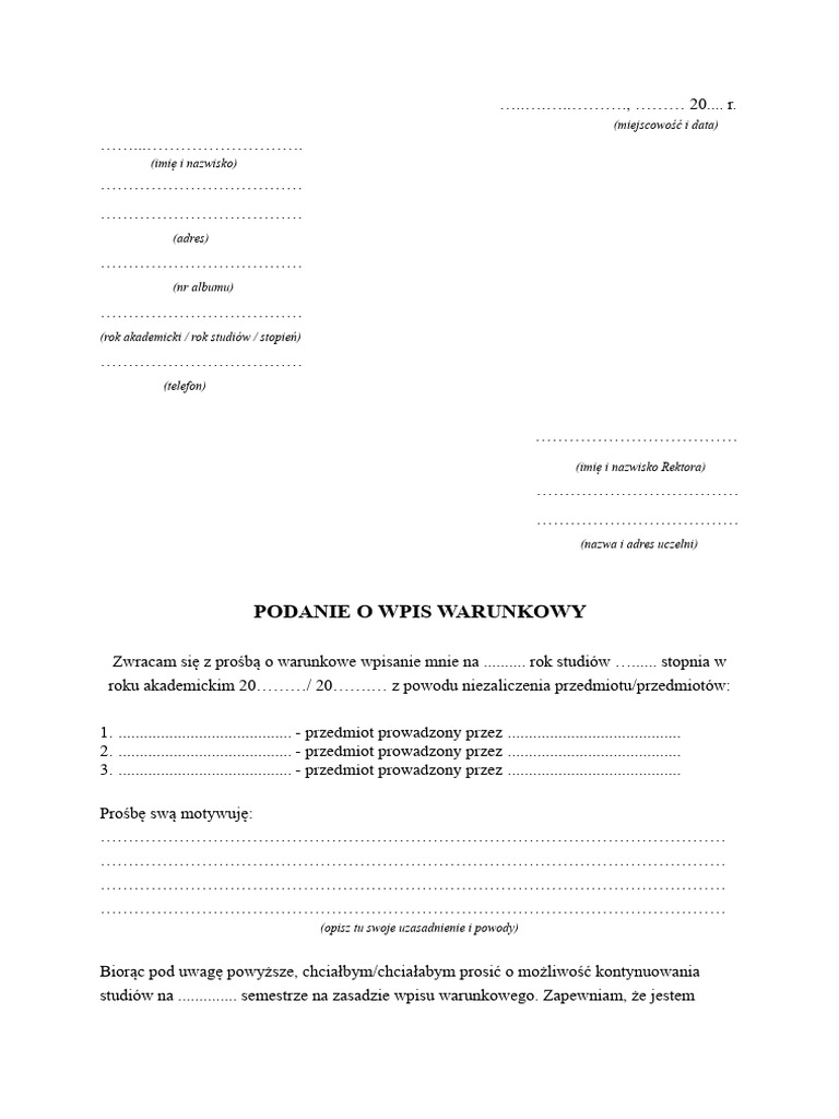 Podanie o Wpis Warunkowy | PDF