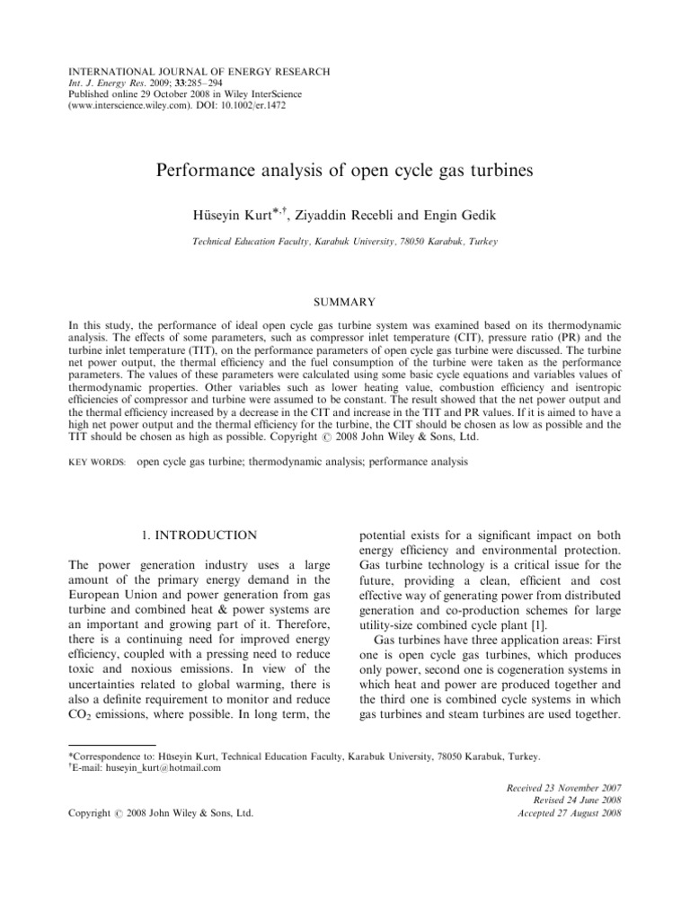 Performance Analysis of Open Cycle Gas Turbines | PDF | Gas Turbine | Gases