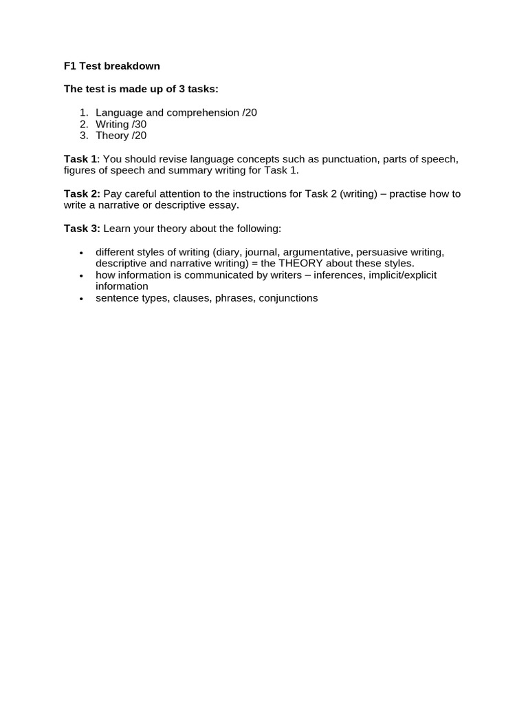 F1 Test Task Breakdown Guide | PDF