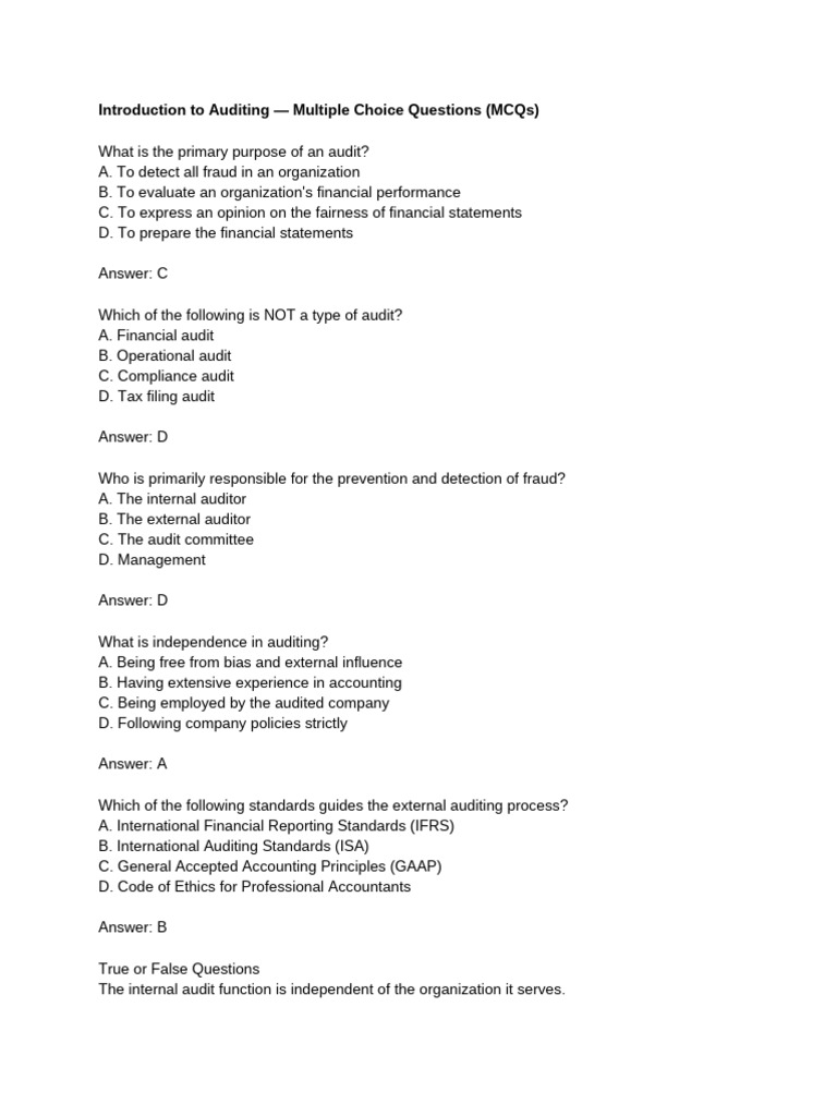 Auditing MCQs with Answers Guide | PDF | Audit | Accounting