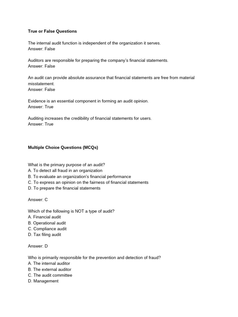 Audit True/False and MCQ Insights | PDF