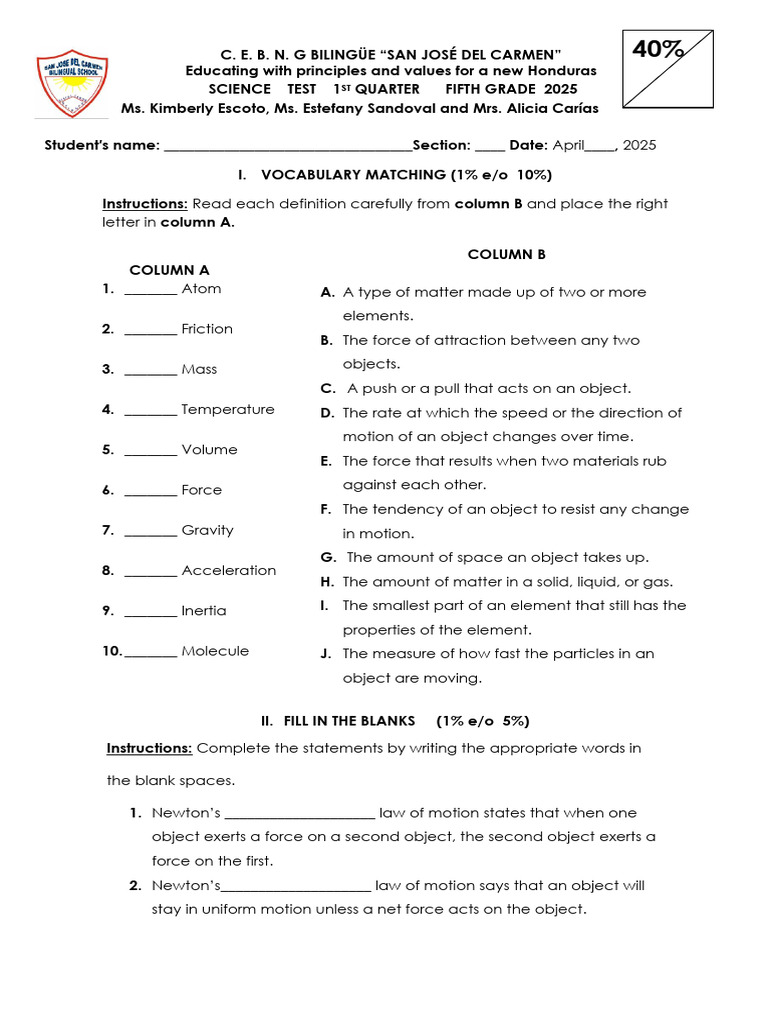 Science and Reading Exams - Answer Key | PDF | Force | Atoms