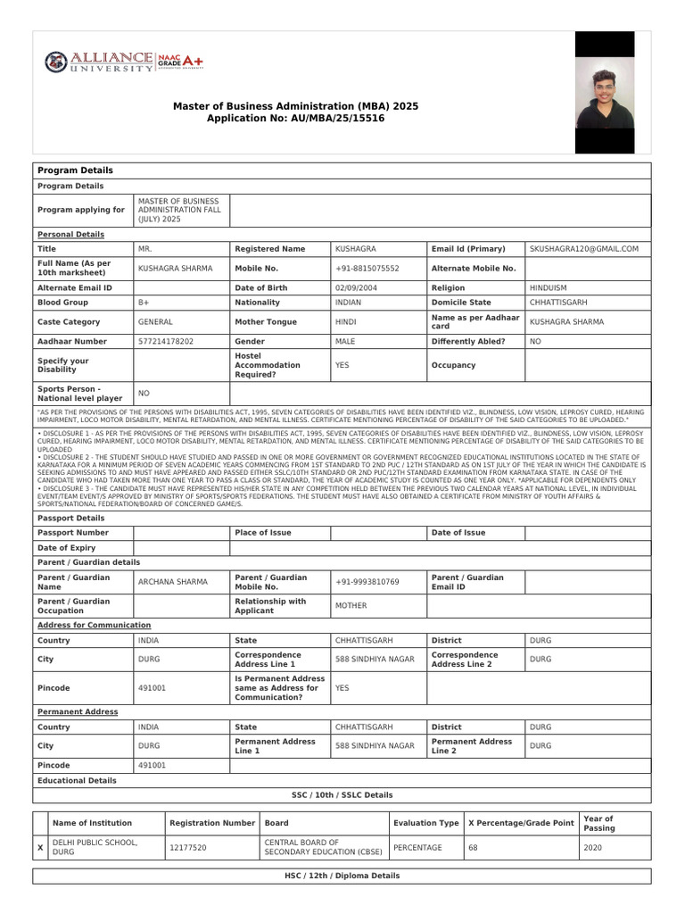 Application Form AU MBA 25 15516 | PDF | Disability | Qualifications