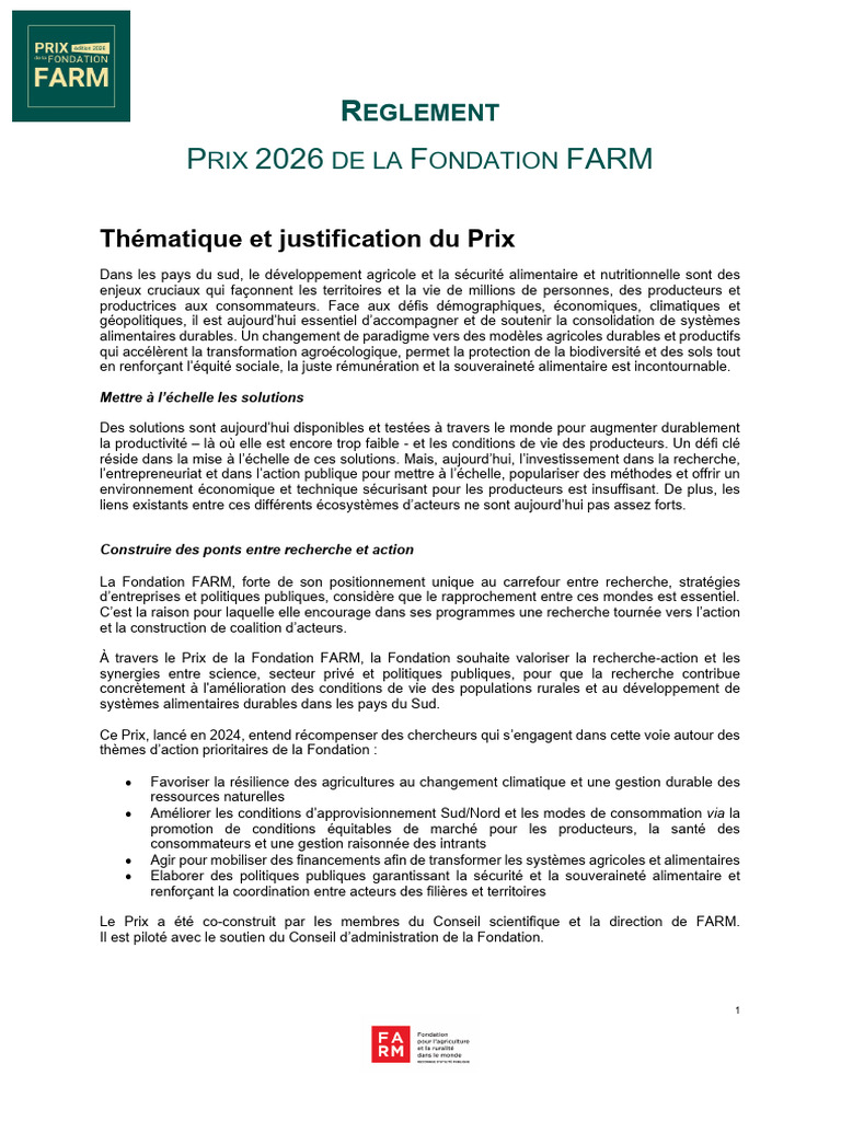 Prix 2026 de la Fondation FARM | PDF | Agroécologie | Économie