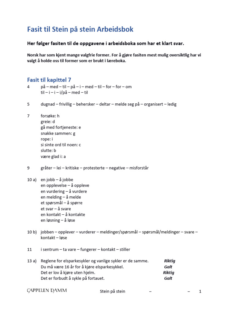 Fasit Til Stein P Stein Arbeidsbok. Kap 07 | PDF