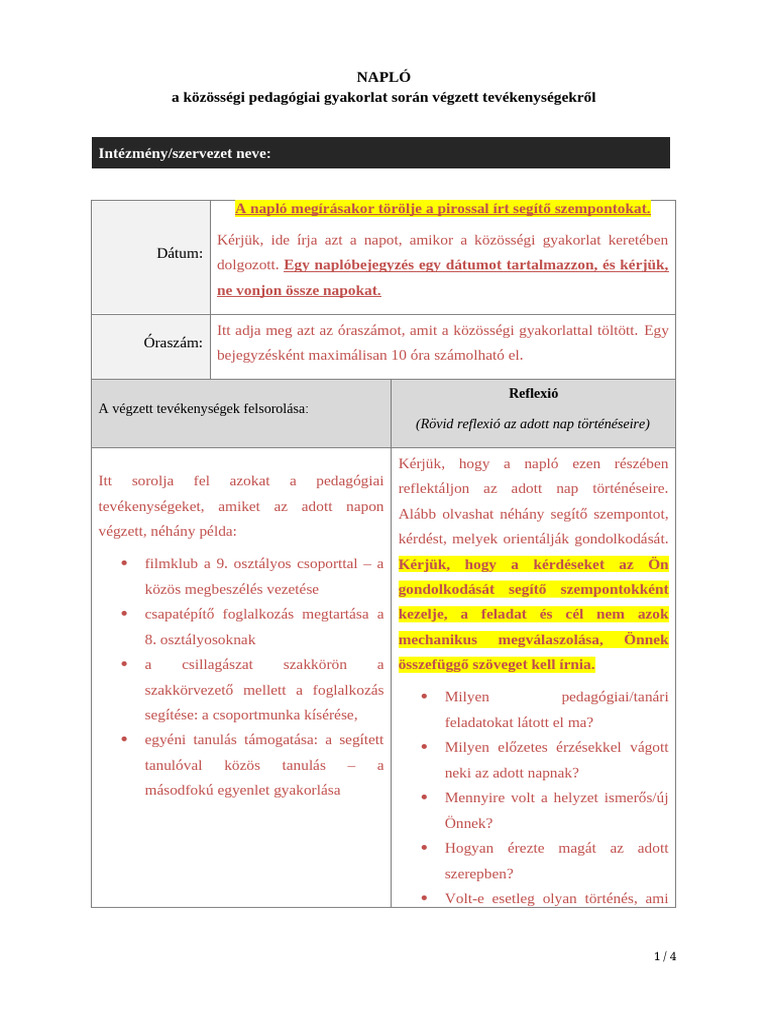 Napló Minta Közösségi Gyakorlat 2024 | PDF