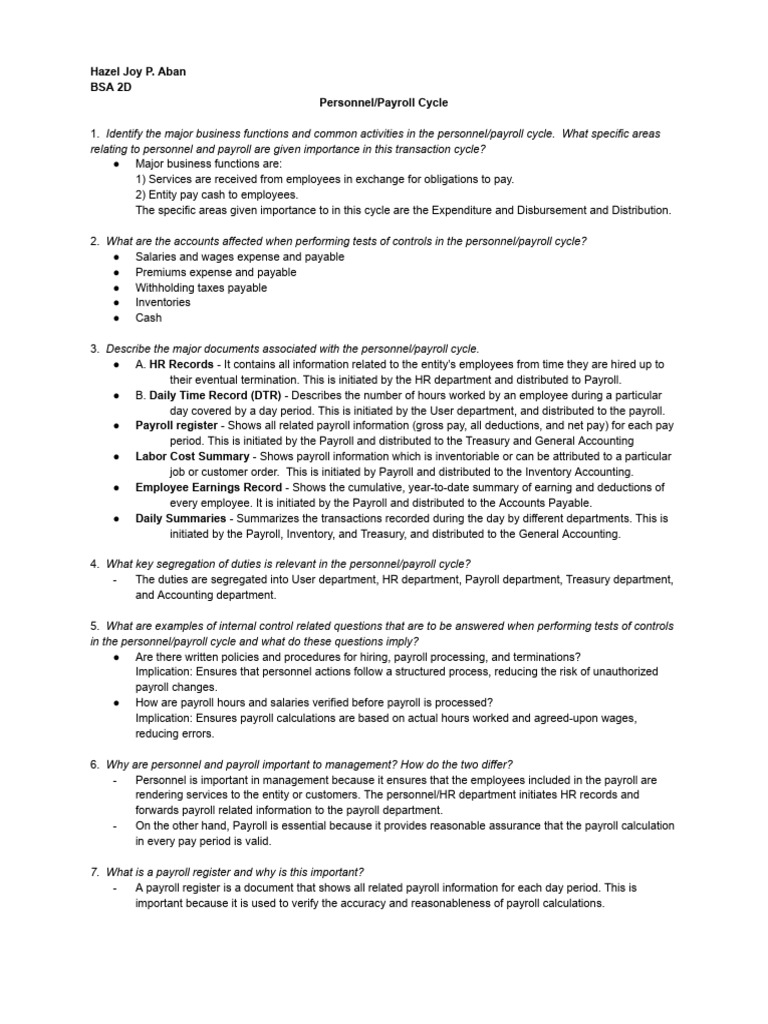 Personnel and Payroll Cycle Overview | PDF | Internal Control | Payroll