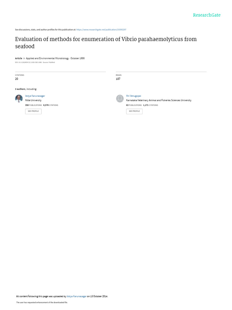 Evaluation of Methods For Enumeration of Vibrio Pa | PDF | Agar