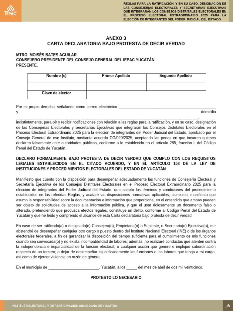 Carta Bajo Protesta de Decir Verdad Integracion Ce Peepj 2025 | PDF ...