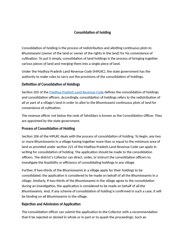 Consolidation of Land Holdings Explained | PDF | Public Law | Government