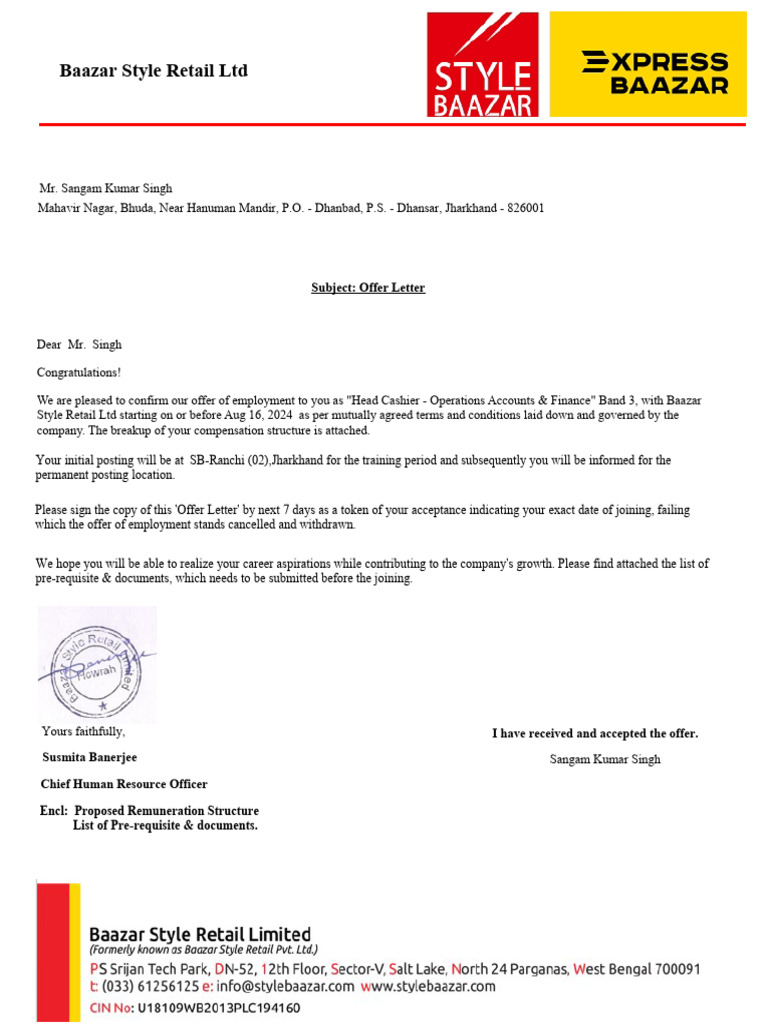 Offer Letter - Sangam Kr. Singh | PDF | Economies | Government Finances