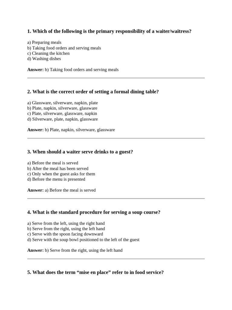 Waiter Service and Exam Guidelines | PDF | Tableware | Menu