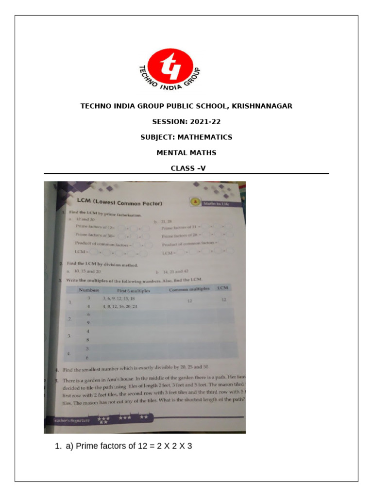 LCM Calculations for Class V Math | PDF