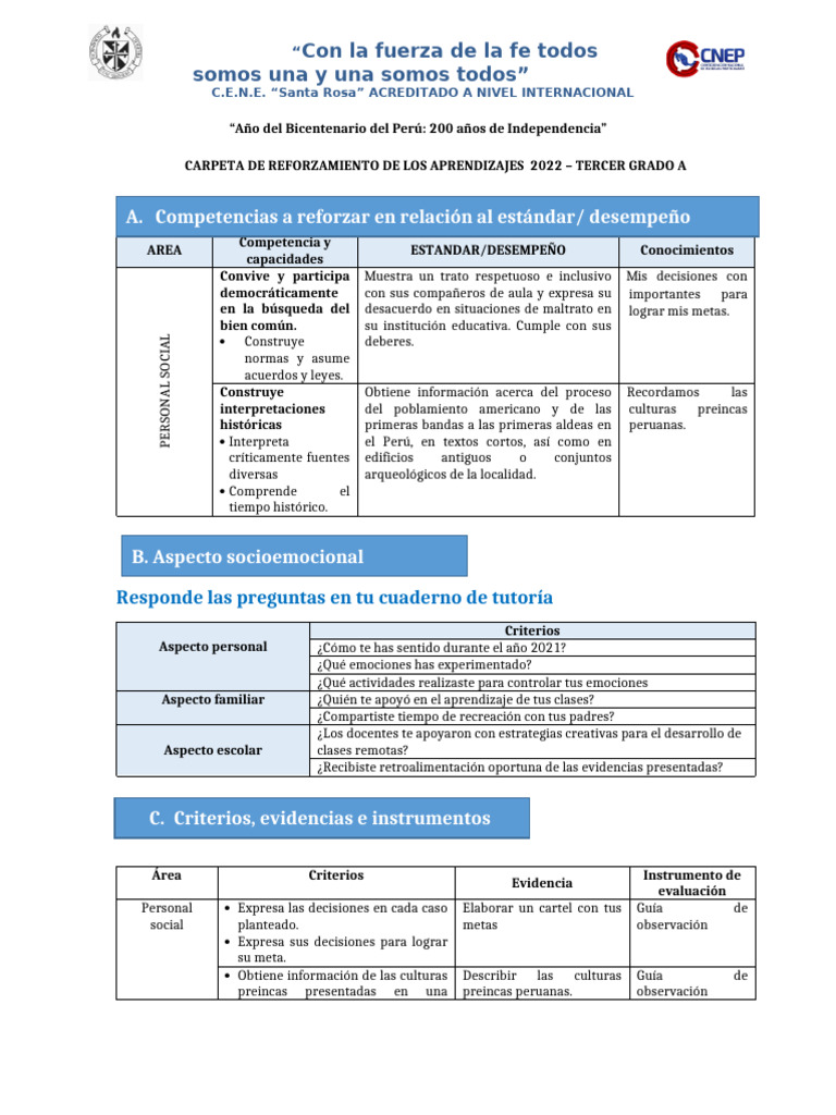 Carpeta de Reforzamiento de Los Aprendizajes 3°a - Personal H | PDF ...