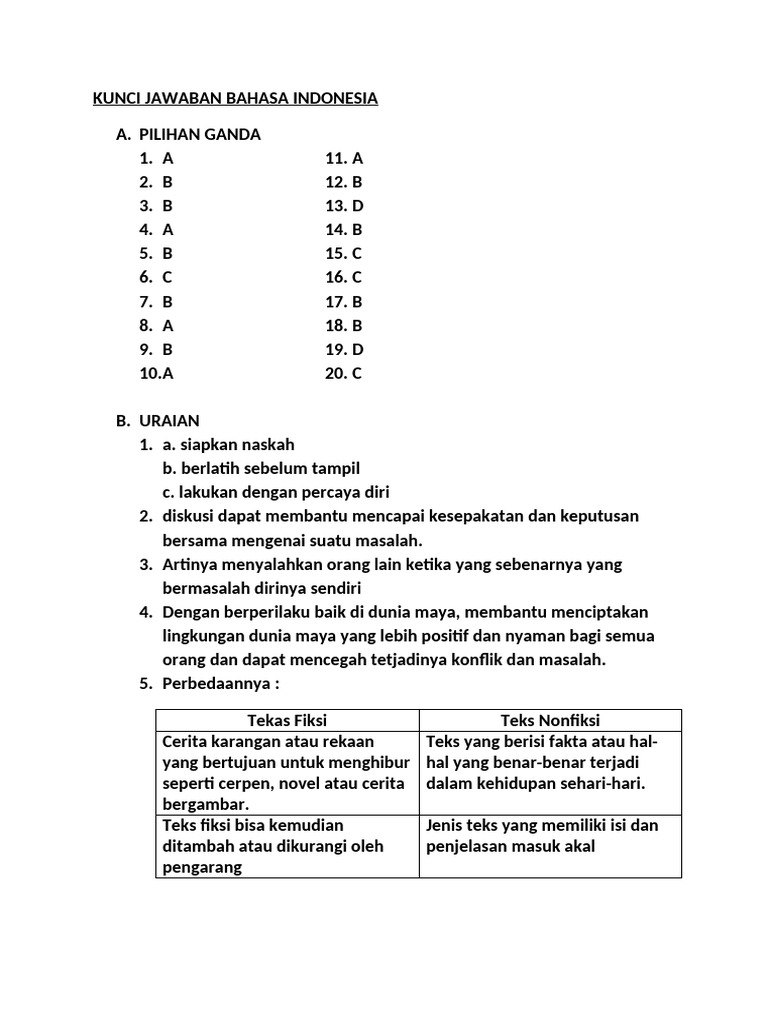 Kunci Jawaban Bahasa Indonesia | PDF