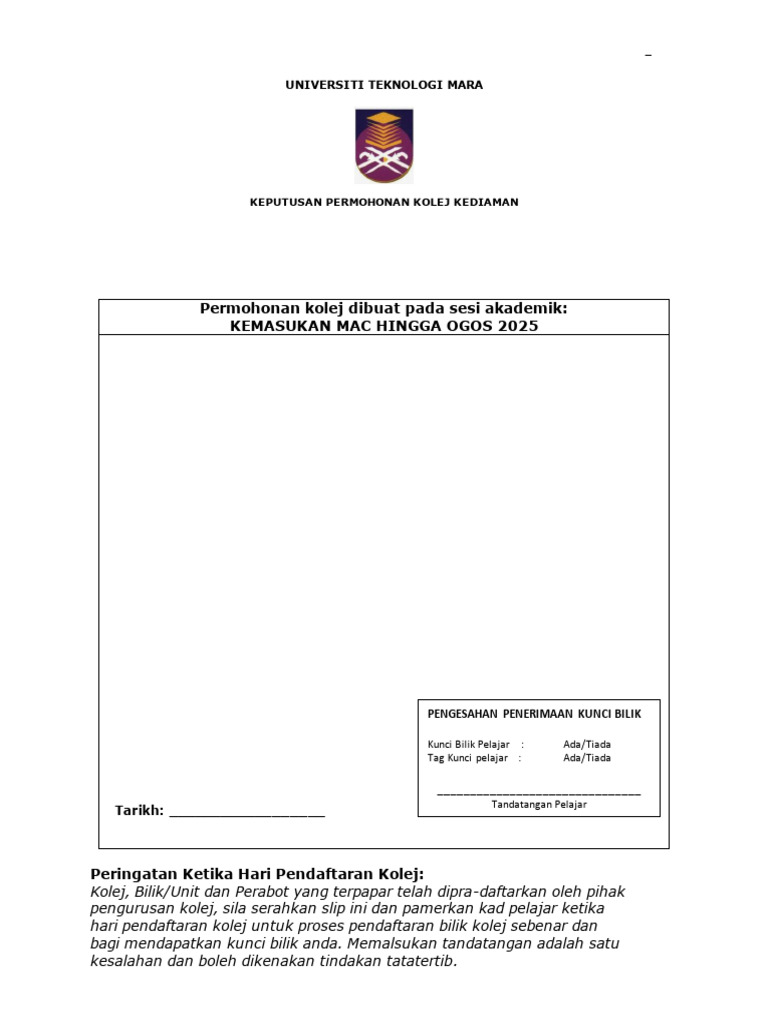 Slip Pendaftaran Kolej UiTM 2025 | PDF