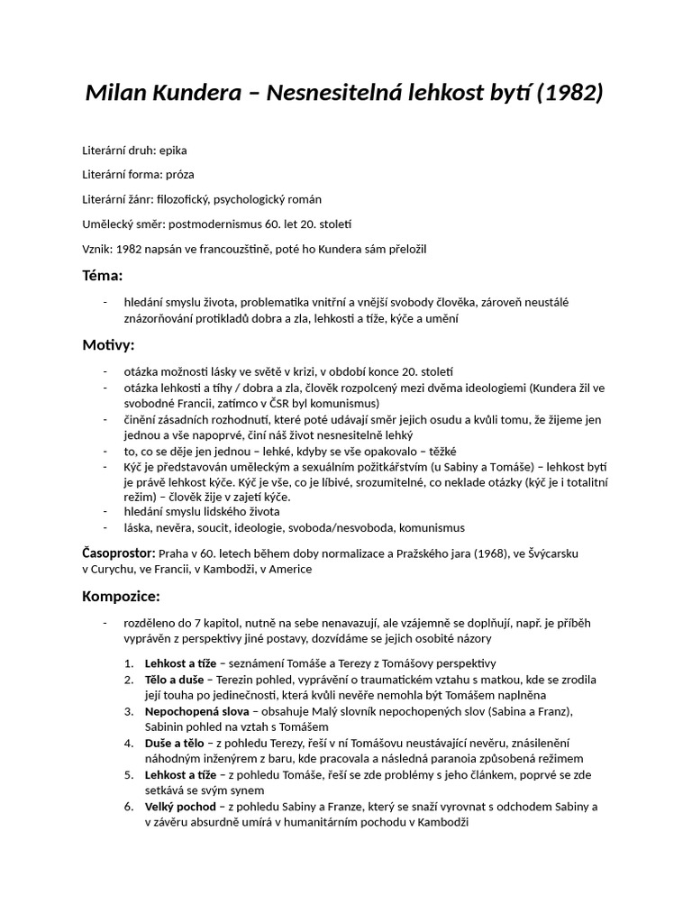 Milan Kundera - Nesnesitelná Lehkost Bytí | PDF