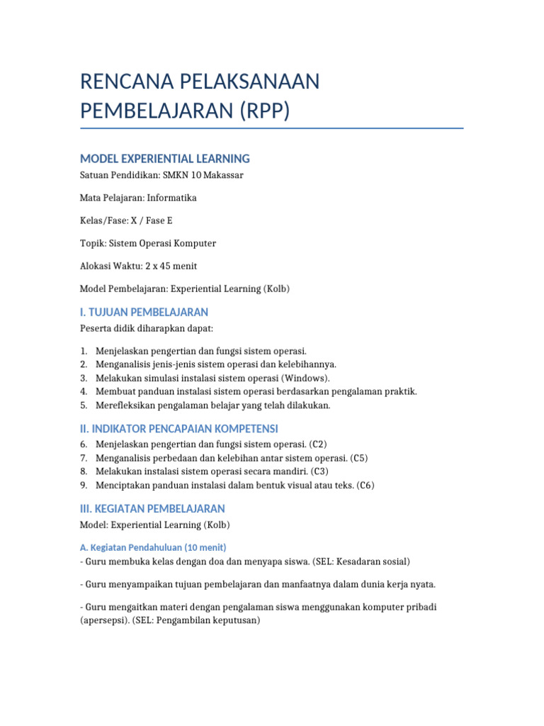 RPP Experiential Learning Sistem Operasi | PDF