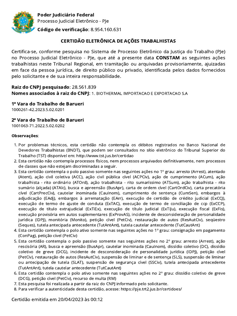 V.5 - Certidão Justiça Do Trabalho - TRT2 | PDF