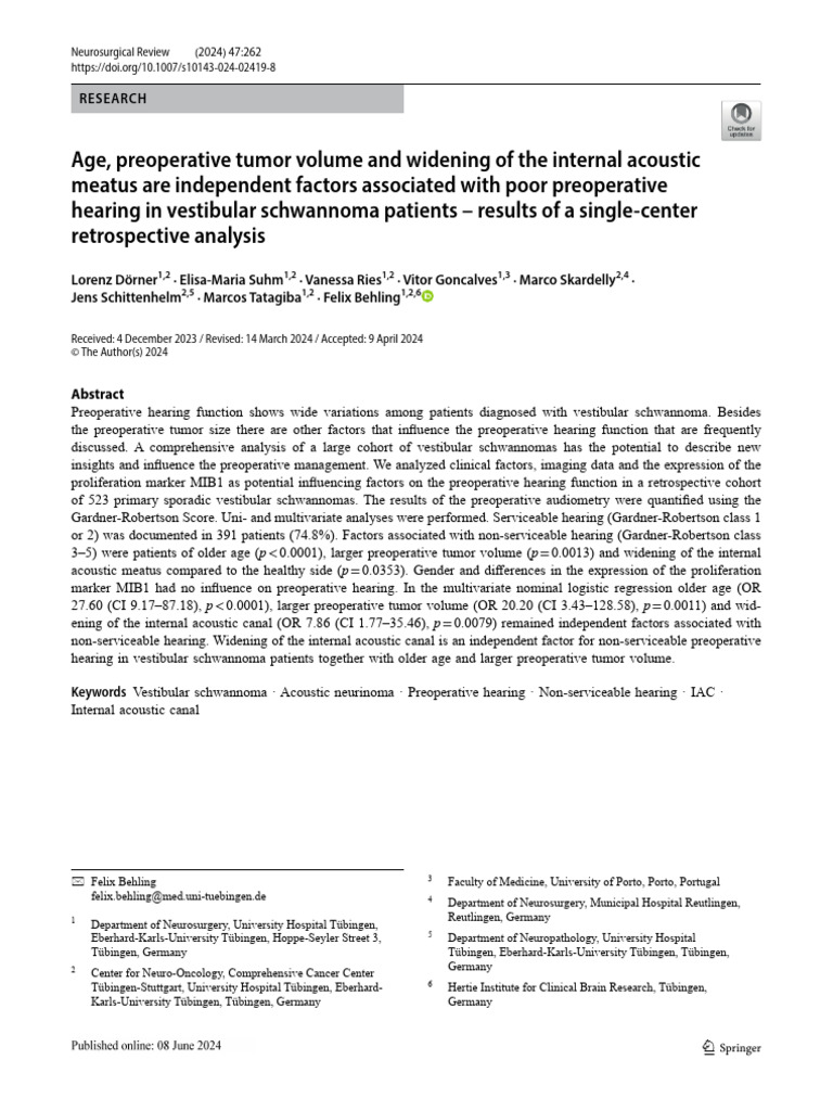 Age, Preoperative Tumor Volume and Widening of The Internal Acoustic ...