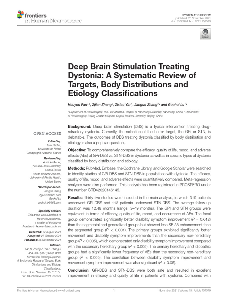 Deep Brain Stimulation for Dystonia Review | PDF | Deep Brain ...