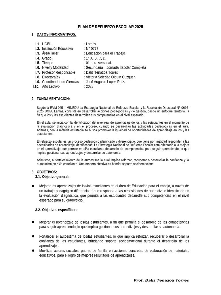 Plan de Refuerzo Escolar 2025 Secundaria | PDF | Evaluación | Aprendizaje