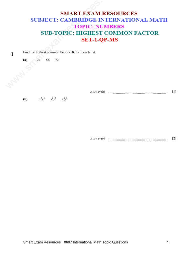 1.0.4 Highest Common Factor HCF Set 1 QP Ms | PDF | Data Collection ...