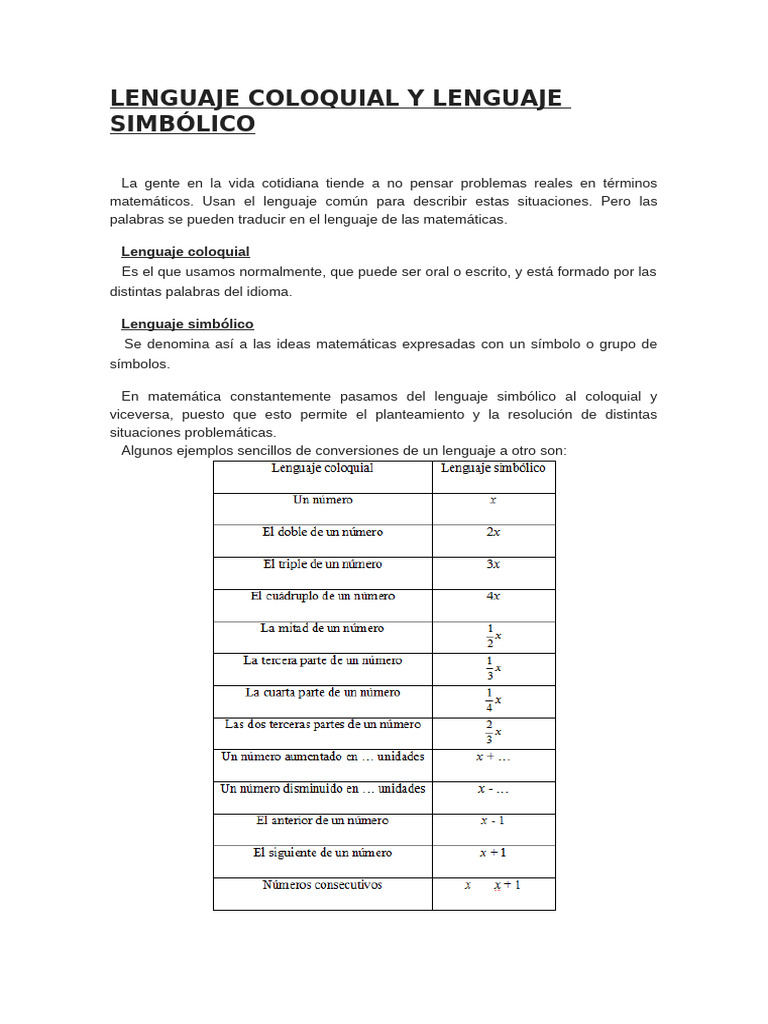 Lenguaje Coloquial y Simbólico en Matemáticas | PDF | Matemáticas