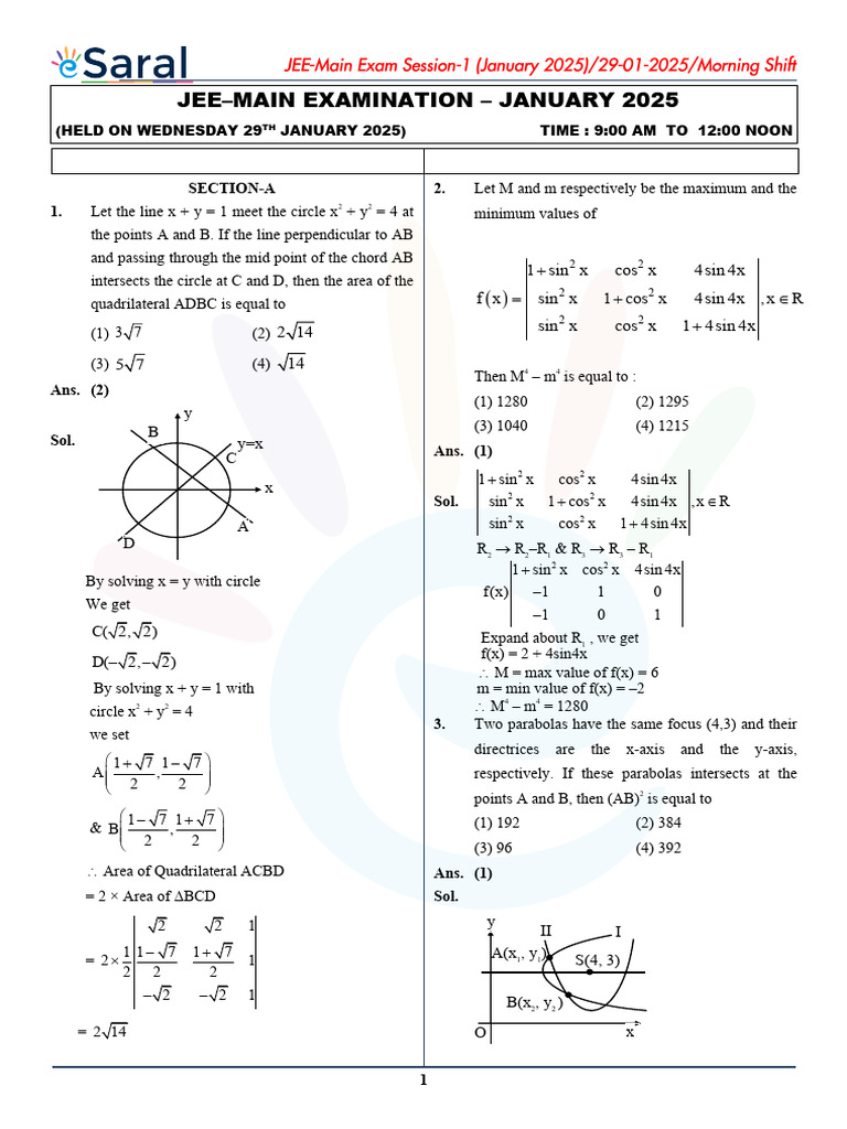 JEE Mains 2025 Mathematics Solutions | PDF | Circle | Mathematics
