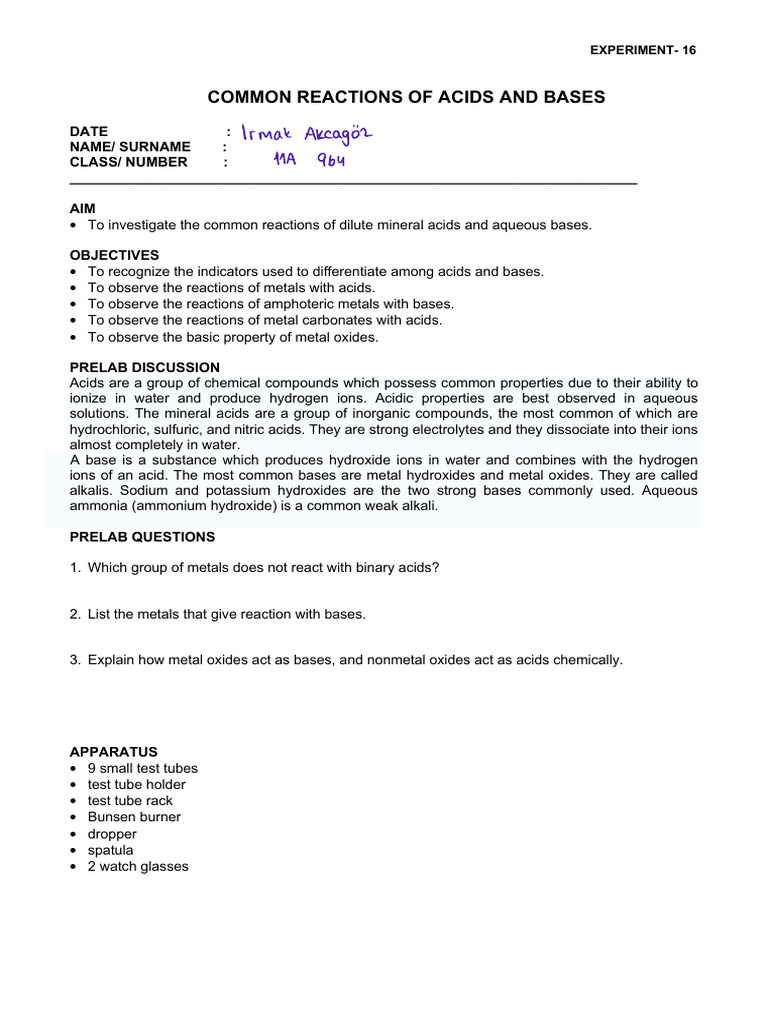 Common Acid-Base Reactions Experiment | PDF | Hydroxide | Acid
