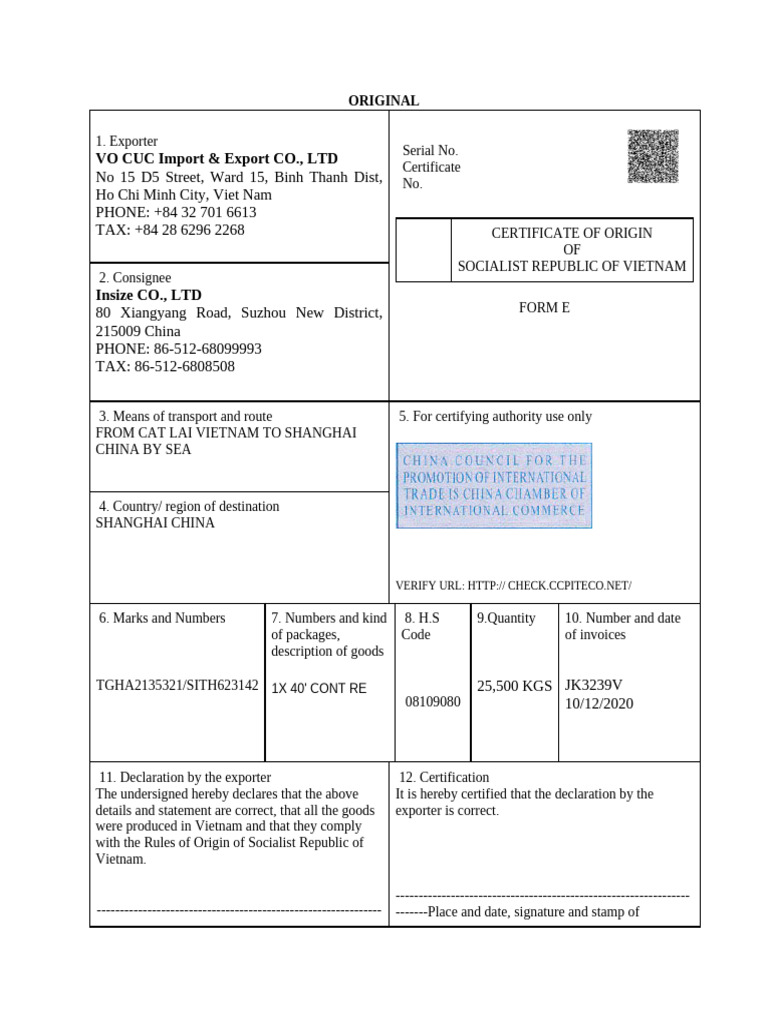 Certificate of Origin for Export Shipment | PDF