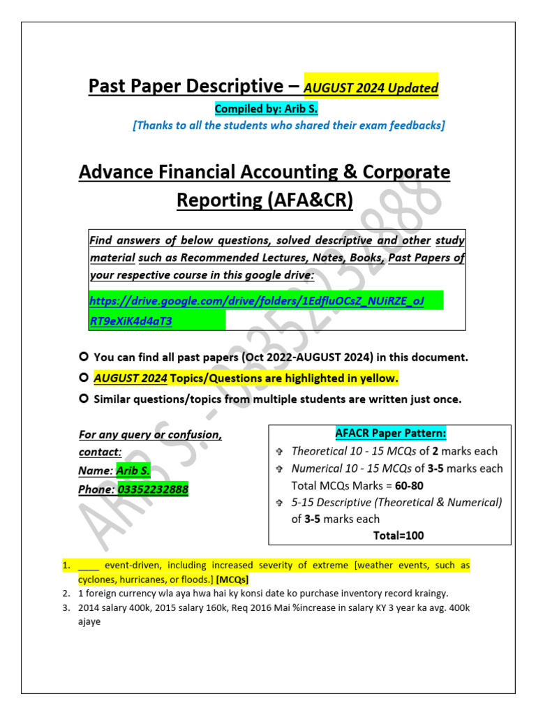 AFA&CR Past Papers August 2024 Guide | PDF | Fair Value | Investing
