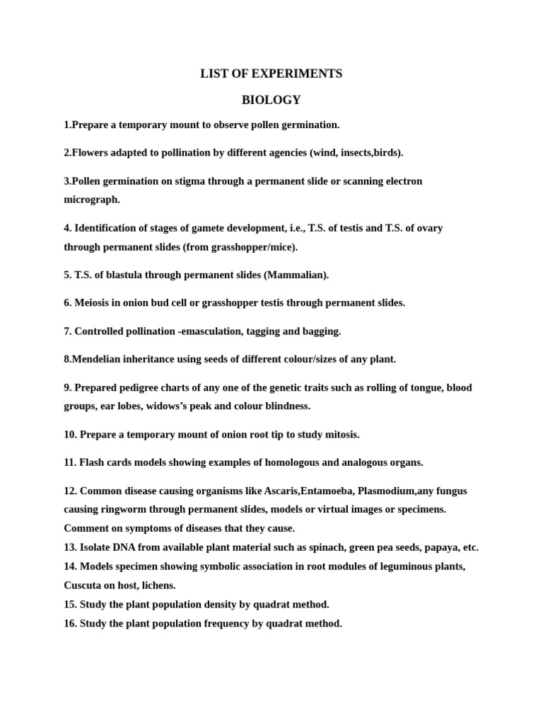 Biology Experiment List | PDF