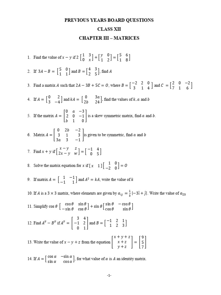 Class XII Matrices Board Questions | PDF | Matrix (Mathematics ...
