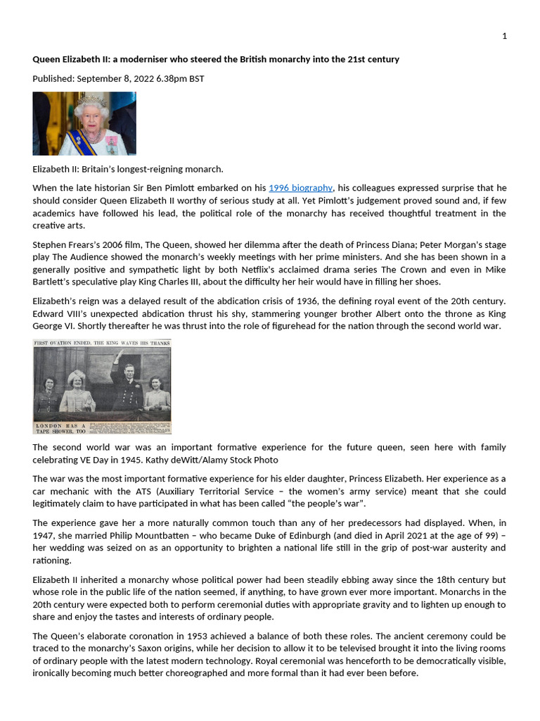 Queen Elizabeth II Modernizer | PDF | Elizabeth Ii | Monarchy Of The ...