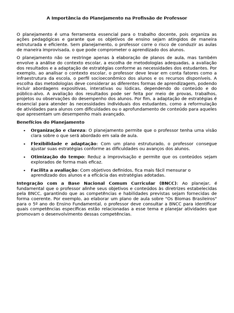 Importância do Planejamento Docente | PDF | Lição | Planejamento