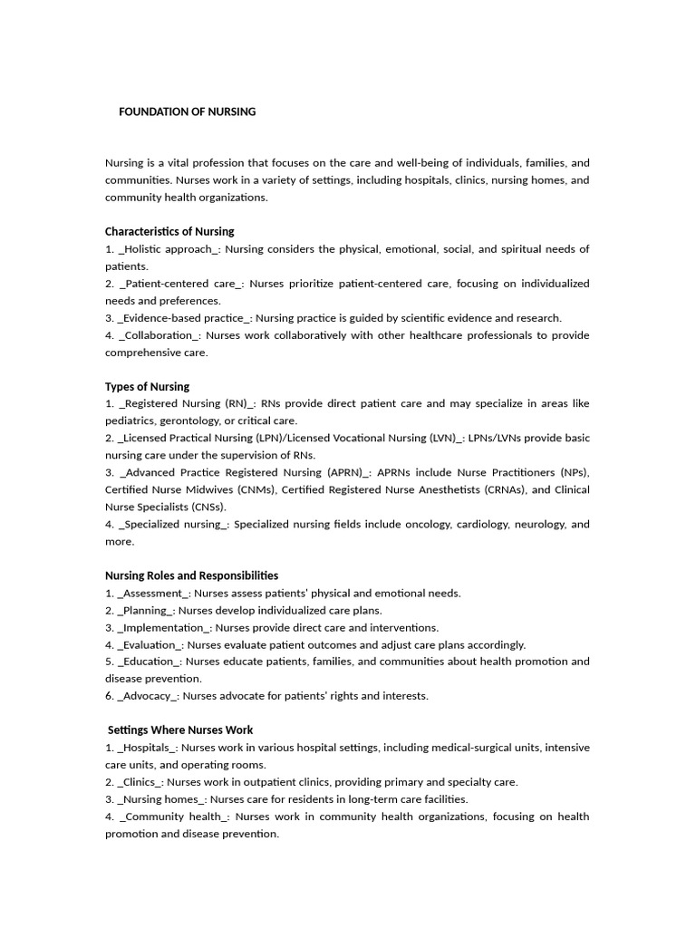 Nursing Fundamentals and Roles Explained | PDF | Oral Hygiene | Health Care