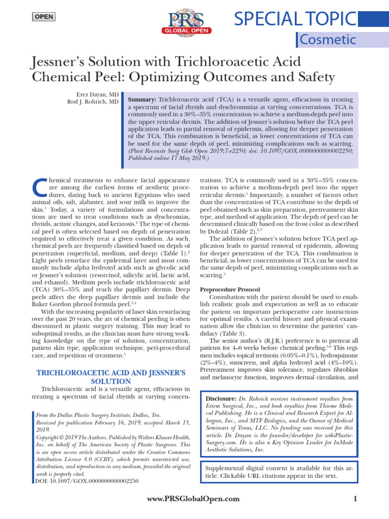 Jessner’s Solution in TCA Peels | PDF | Skin | Dermatology