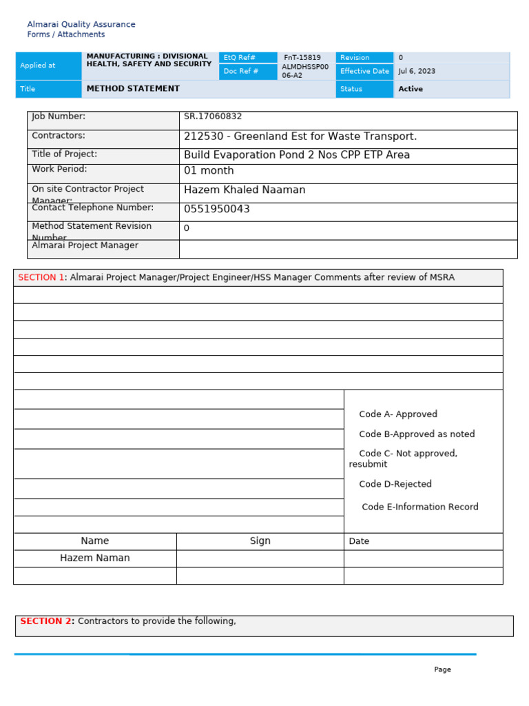 MSRA Method Statement for Evaporation Pond | PDF | Occupational Safety ...