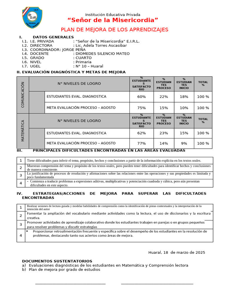 Plan de Mejora Primaria 2025 | PDF | Comprensión lectora | Ciencia ...