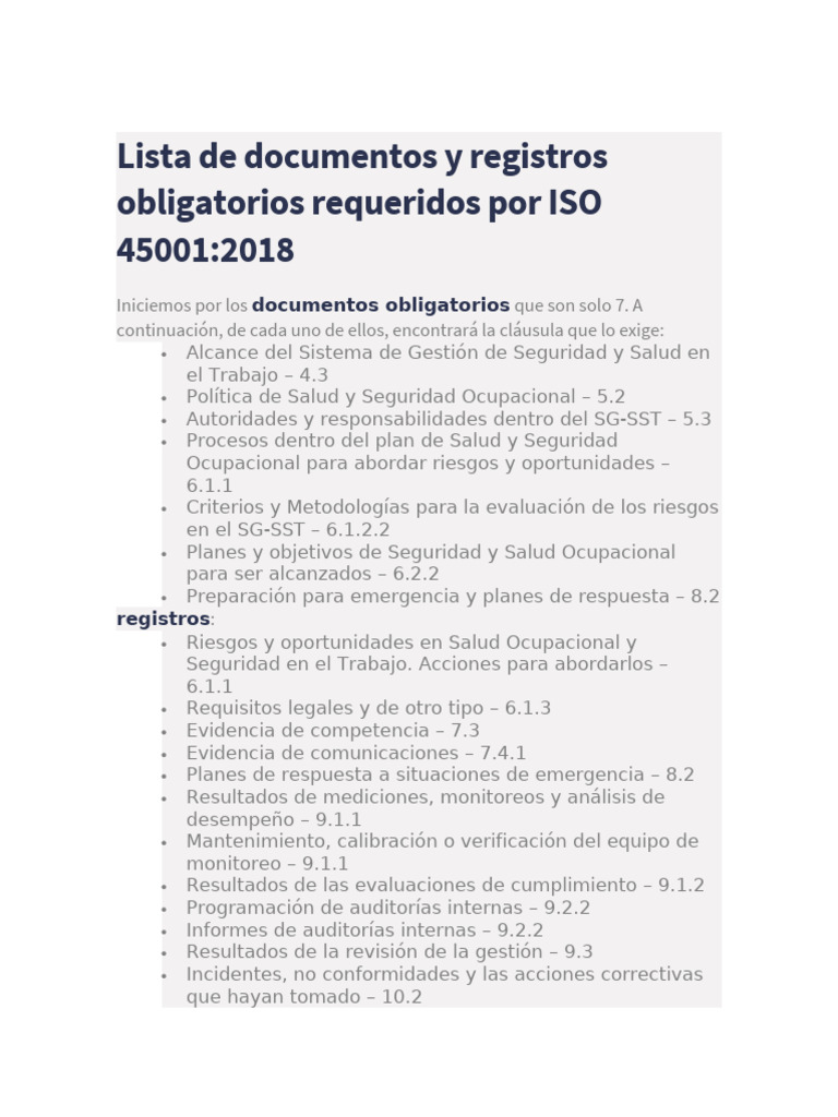 Documentación Obligatoria ISO 45001 | PDF | Seguridad y salud ocupacional