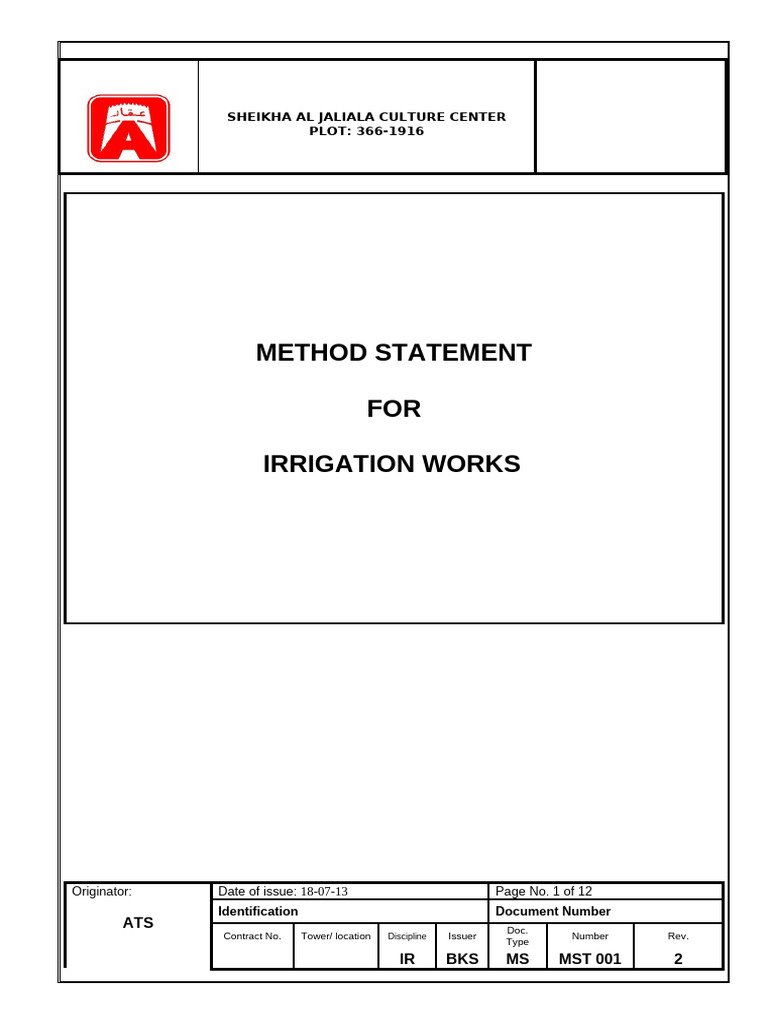 Irrigation Works Method Statement | PDF | Pipe (Fluid Conveyance) | Pump