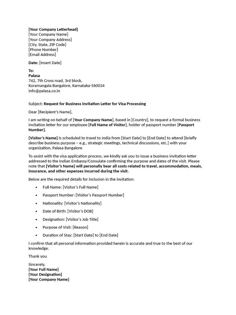 Business Visa Invitation Request Letter | PDF