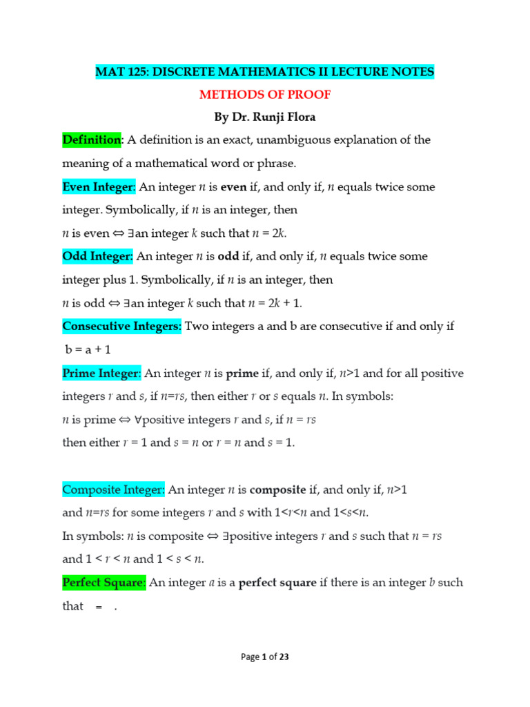 MAT 125 Lecture Notes On Methods of Proof | PDF | If And Only If | Integer