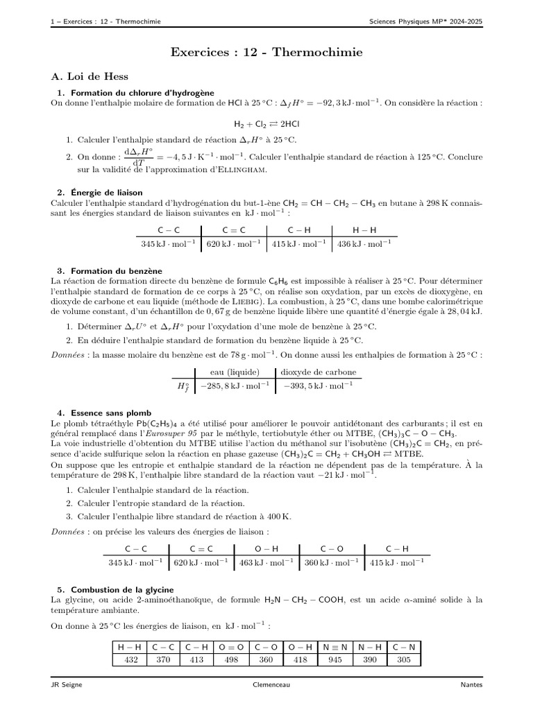 Exercices de Thermochimie en MP 2024-2025 | PDF | Enthalpie | Capacité ...