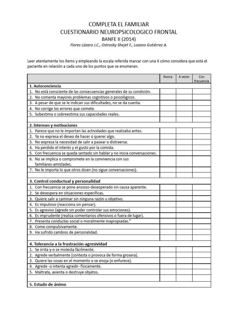 Cuestionario Neuropsicológico Frontal BANFE II | PDF | Sicología ...